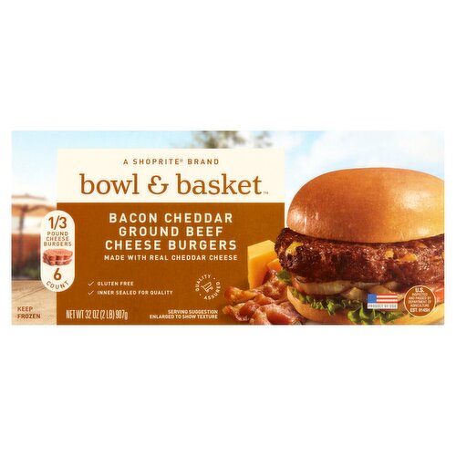 Bowl & Basket Bacon Cheddar Ground Beef Cheese Burgers, 1/3 pound, 6 count