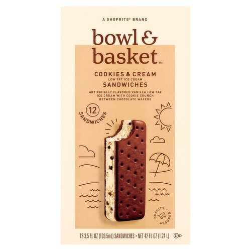 Bowl & Basket Cookies & Cream Low Fat Ice Cream Sandwiches, 3.5 fl oz, 12 count