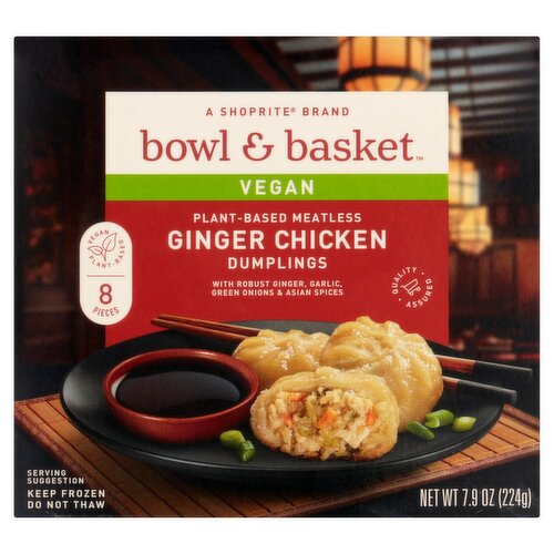 Bowl & Basket Vegan Plant-Based Meatless Ginger Chicken Dumplings, 8 count, 7.9 oz