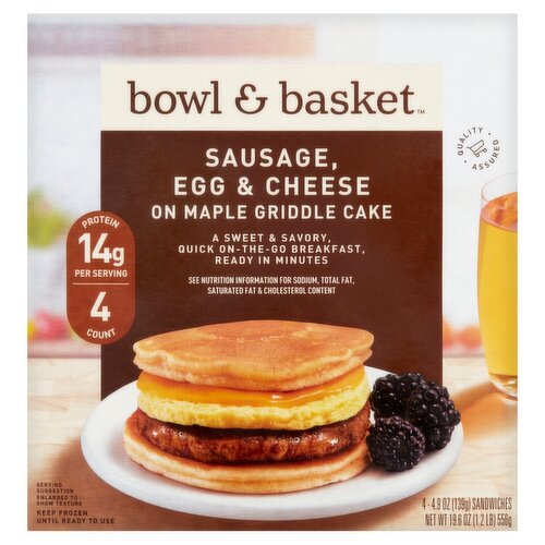 Bowl & Basket Sausage, Egg & Cheese on Maple Griddle Cake Sandwiches, 4.9 oz, 4 count