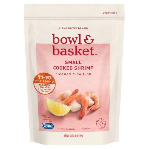 Bowl & Basket Cleaned & Tail-On Cooked Shrimp, Small, 71-90 shrimp per bag, 16 oz