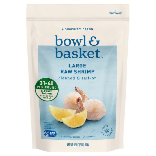 Bowl & Basket Cleaned & Tail-On Raw Shrimp, Large, 62-80 Shrimp per bag, 32 oz