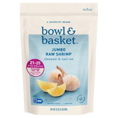 Bowl & Basket Cleaned & Tail-On Raw Shrimp, Jumbo, 42-50 shrimp per bag, 32 oz