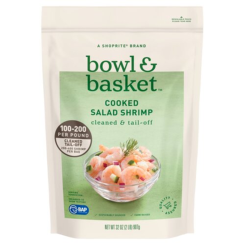 Bowl & Basket Cleaned & Tail-Off Cooked Salad Shrimp, 200-400 shrimp per bag, 32 oz