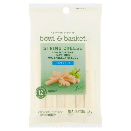 Bowl & Basket Low Moisture Part Skim Mozzarella String Cheese, 12 count, 12 oz