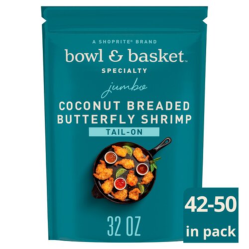 Bowl & Basket Specialty Tail-On Jumbo Coconut Breaded Butterfly Shrimp, 42-50 shrimp per bag, 32 oz