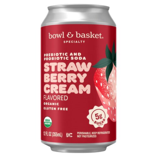 Bowl & Basket Specialty Strawberry Cream Flavored Organic Prebiotic and Probiotic Soda, 12 fl oz