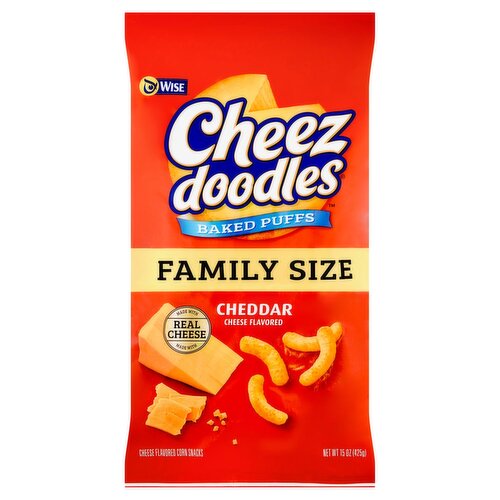 Wise Cheez Doodles Baked Puffs Cheddar Cheese Flavored Corn Snacks Family Size, 15 oz