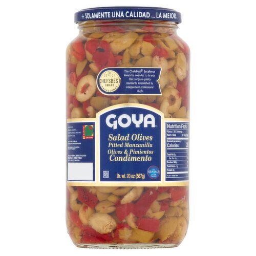 Goya Pitted Manzanilla Salad Olives & Pimientos Condimento, 20 oz