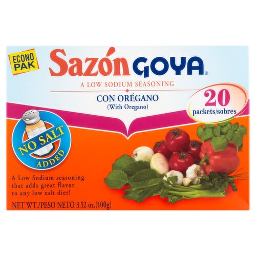 Goya Sazon Seasoning with Oregano No Salt Added, 20 count, 3.52 oz