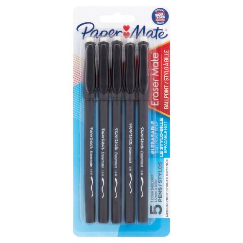 Paper Mate Eraser Mate 1.0mm Medium Ballpoint Pens, 5 count