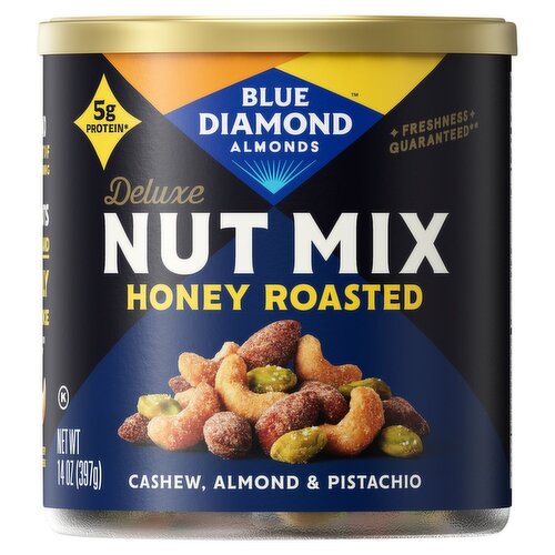 Blue Diamond Almonds Deluxe Nut Mix Honey Roasted Cashew, Almond & Pistachio, 14 oz