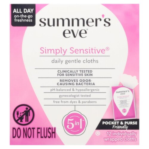Summer's Eve Simply Sensitive 5 in 1 Daily Gentle Cloths, 12 count