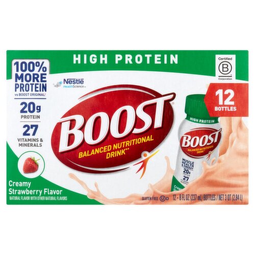 Nestlé Boost Creamy Strawberry Flavor High Protein Balanced Nutritional Drink, 8 fl oz, 12 count