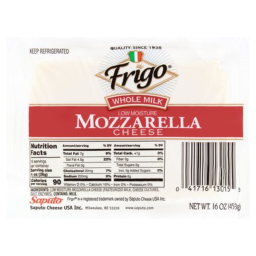 Frigo Whole Milk Low Moisture Mozzarella Cheese, 16 oz