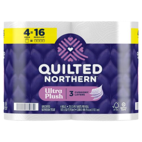 Quilted Northern Ultra Plush Toilet Paper, 4 Mega Rolls, 3-ply sheets per roll