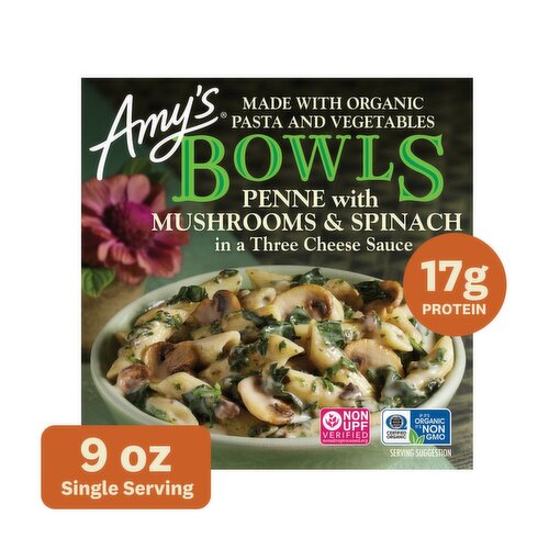 Amy's Penne Bowls with Mushrooms & Spinach in a Three Cheese Sauce, 9.0 oz