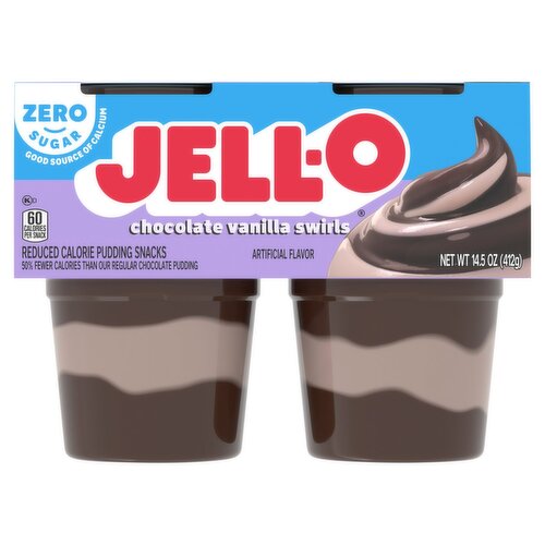 Jell-O Zero Sugar Chocolate Vanilla Swirls Reduced Calorie Pudding Snacks, 4 count, 14.5 oz