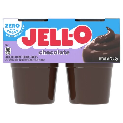 Jell-O Zero Sugar Chocolate Reduced Calorie Pudding Snacks, 4 count, 14.5 oz