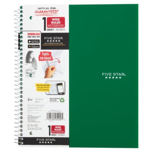 Five Star 1 Subject Wide Ruled Notebook, 100 sheets