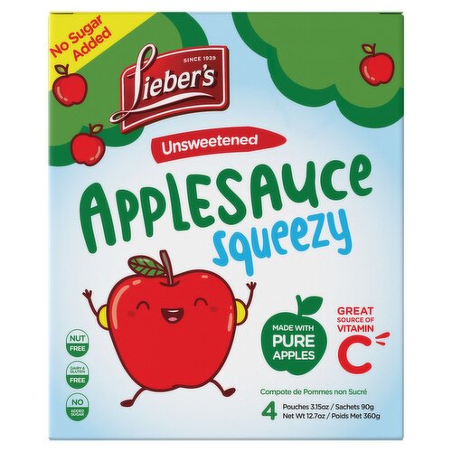 Lieber's Unsweetened Squeezy Applesauce, 3.15 oz, 4 count