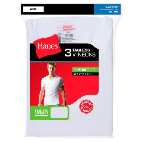 Hanes White Tagless V-Necks, 3 count