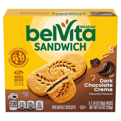 Belvita Dark Chocolate Creme Sandwich Breakfast Biscuits, 1.76 oz, 5 count