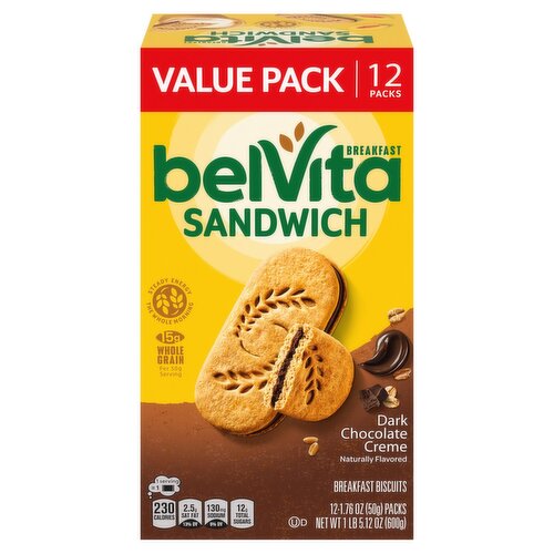 Belvita Sandwich Dark Chocolate Creme Breakfast Biscuits Value Pack, 1.76 oz, 12 count