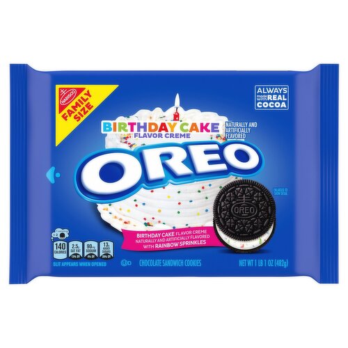 Nabisco Oreo Birthday Cake Flavor Creme Chocolate Sandwich Cookies Family Size, 1 oz