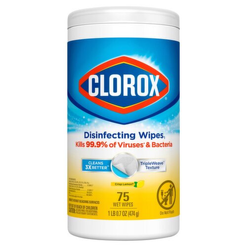 Clorox Crisp Lemon Disinfecting Wet Wipes, 75 count, 1 lb 0.7 oz