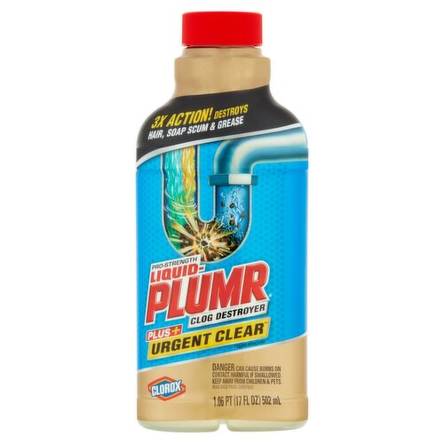 Clorox Liquid-Plumr Pro-Strength Clog Destroyer/Remover Plus+ Urgent Clear, 17 fl oz