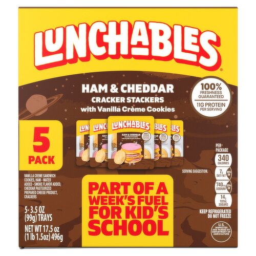 Lunchables Ham and Cheddar Cracker Stackers with Vanilla Crème Cookies, 3.5 oz, 5 count