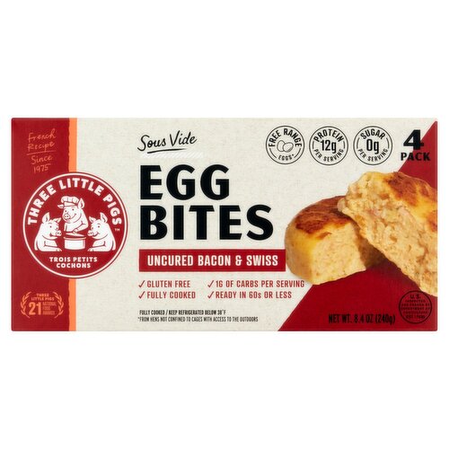 Three Little Pigs Sous Vide Uncured Bacon & Swiss Egg Bites, 4 count, 8.4 oz