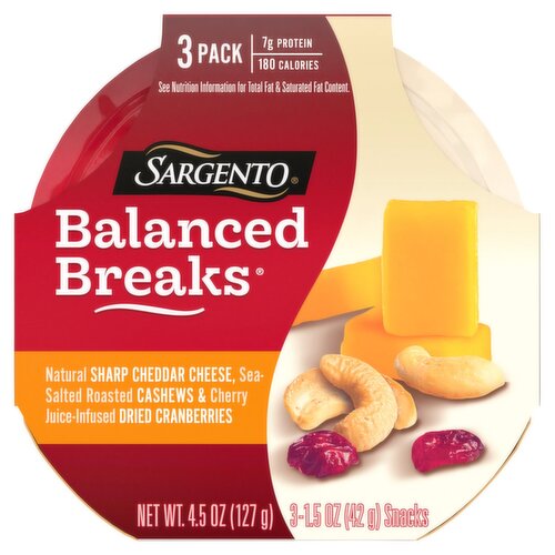 Sargento Balanced Breaks Sharp Cheddar Cheese, Cashews & Dried Cranberries Snacks, 1.5 oz, 3 count