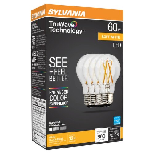 Sylvania TruWave Technology LED 60W Soft White A19 Clear Bulbs, 4 count