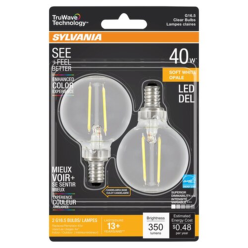 Sylvania LED 40W Soft White G16.5 Clear Bulbs, 2 count