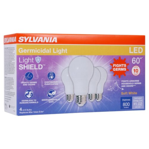 Sylvania LightShield LED 60W Germicidal Light A19 Soft White Bulbs, 4 count