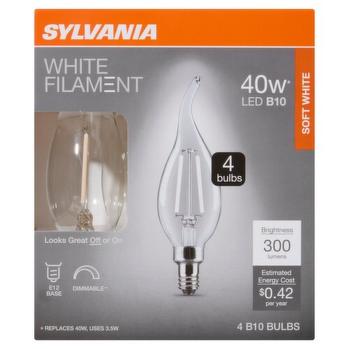 Sylvania White Filament Soft White 40W LED B10 Bulbs, 4 Count