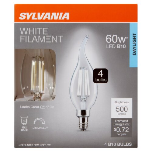 Sylvania White Filament Daylight 60W Led B10 Bulbs, 4 Count