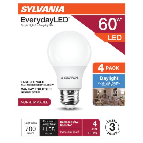 Sylvania EverydayLED 60W LED Daylight Non-Dimmable A19 Bulbs, 4 count