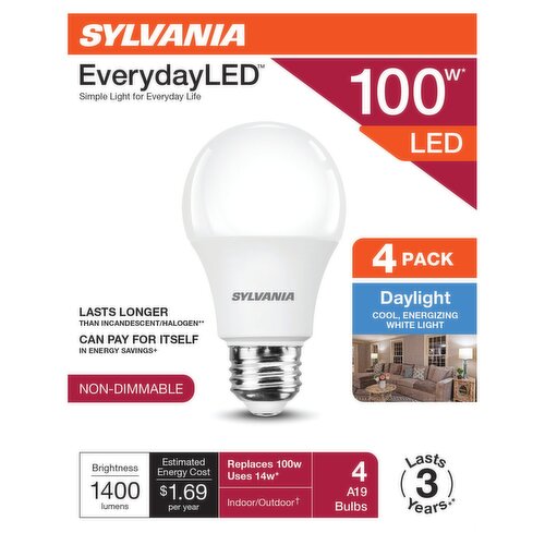 Sylvania EverydayLED 100W LED Daylight Non Dimmable A19 Bulbs, 4 count