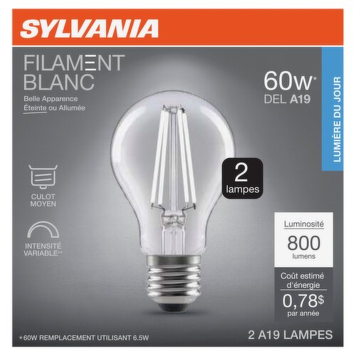 Sylvania White Filament Daylight 60W LED A19 Bulbs, 2 count