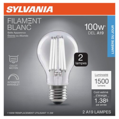 Sylvania White Filament Daylight 100W LED A19 Bulbs, 2 count