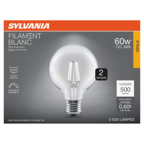Sylvania White Filament Soft White 60W LED G25 Bulbs, 2 count