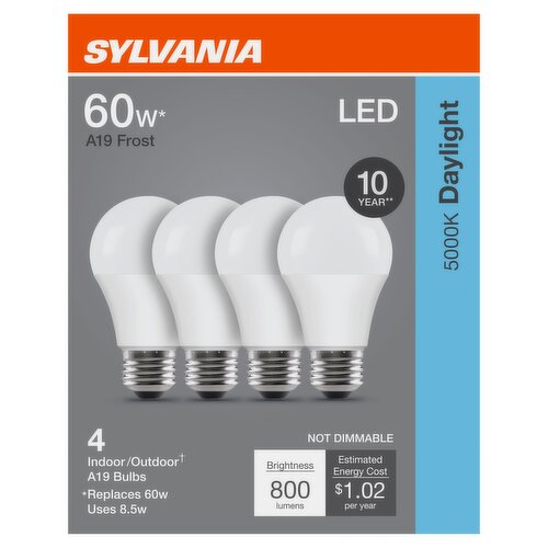 Sylvania Daylight LED 60W A19 Frost Bulbs, 4 count
