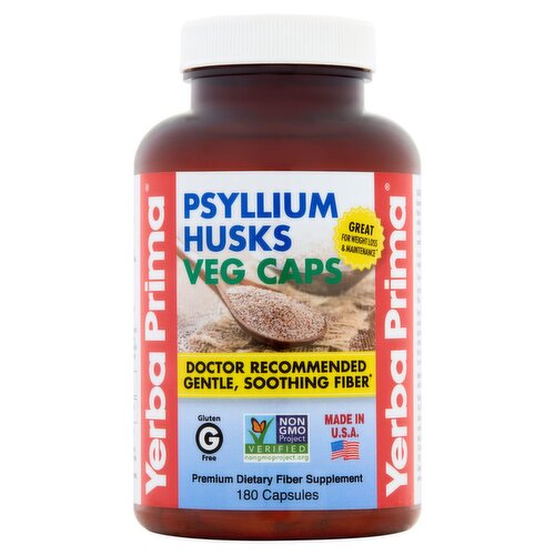 Yerba Prima Psyllium Husks Veg Caps Premium Dietary Fiber Supplement, 180 count