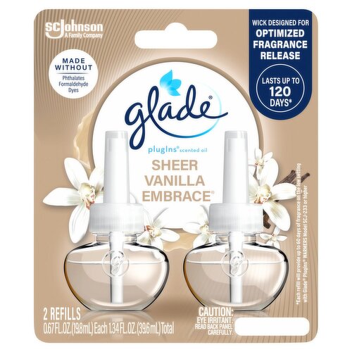 Glade PlugIns Scented Oil 2 Refills, Air Freshener, Sheer Vanilla Embrace, 1.34 FL OZ, 2 Pack