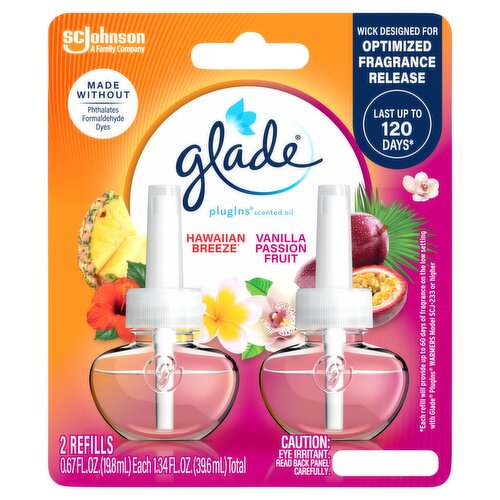 Glade PlugIns Hawaiian Breeze & Vanilla Passion Fruit Scented Oil Refills, 0.67 fl oz, 2 count