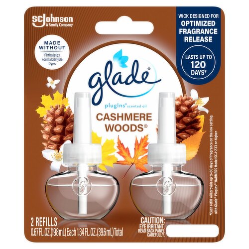 Glade PlugIns Scented Oil 2 Refills, Air Freshener, Cashmere Woods, 1.34 FL OZ, 2 Pack