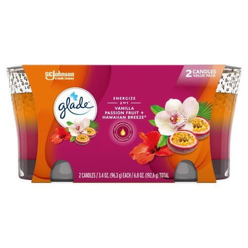 Glade Energize 2 in 1 Vanilla Passion Fruit + Hawaiian Breeze Candles Value Pack, 3.4 oz, 2 count